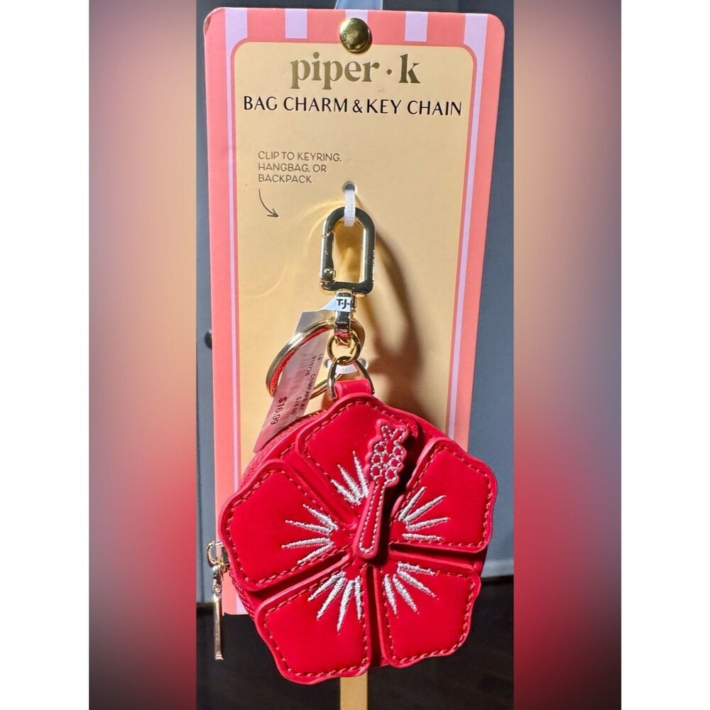 NWT Piper K Red Hibiscus Flower Bag Charm Coin Pouch Key Chain